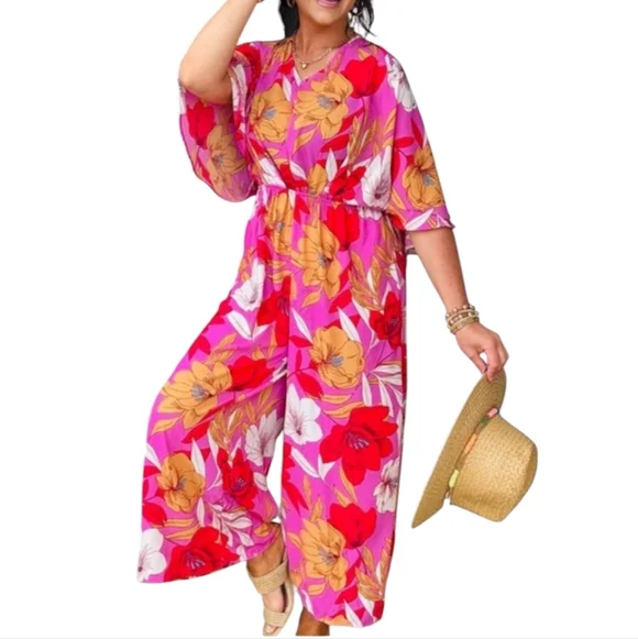 Easel Small Pink Jumpsuit Vibrant Tropical Wide Leg Palazzo Style Vacation - Picture 1 of 11